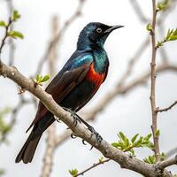 A lovely and colorful bird perched on a branch of a tree, a singing nightingale in its natural habitat, with clear white background photo