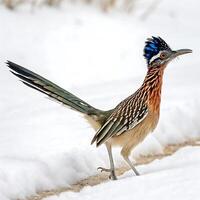 Roadrunner bird displaying its colorful crest and tail feathers, captured walking on a snow covered ground with a minimal white backdrop photo