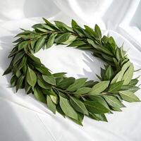 Elegant laurel wreath adorned with vibrant green leaves and a simple design, displayed on a white background, symbolizing victory and honor photo
