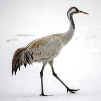 Side view of a crane bird with long legs and a red crown, walking slowly in the snow covered landscape with a white background photo