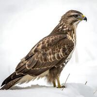 A buzzard perched on snow, showcasing its sharp beak and striking feather patterns, set against a soft white background photo