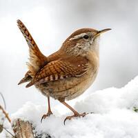 Charming portrait of a wren bird perched gracefully with its tail lifted, highlighting its intricate feather pattern in a snowy environment photo