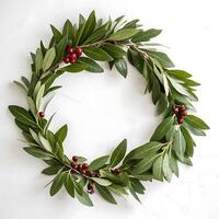fresh laurel wreath, composed of leafy greens, creating a perfect circular form, against a white backdrop, conveying peace and achievement photo