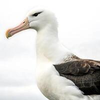 albatross bird with sharp features and a strong beak standing majestically in a light grayish environment photo