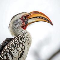 colorful hornbill bird with a striking orange and yellow beak, displaying its distinct feather patterns and vibrant head against a clean white backdrop photo