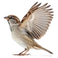Dynamic image of a sparrow flying and spreading its wings, set against a soft white background with fine details of feathers and motion photo