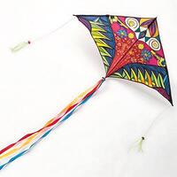 Colorful kite with a playful design, soaring in the sky with vibrant ribbons and vivid patterns, perfect for a day of outdoor fun photo