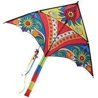 Vibrant kite with intricate designs and colorful tail soaring in the wind, evoking a sense of playfulness and adventure photo