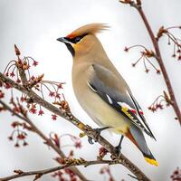 A stunning image of a cedar waxwing bird sitting on a branch covered with red berries, highlighting its vibrant plumage and unique feather patterns photo