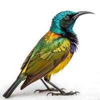 Vivid sunbird perched, showing its brilliant colors and unique feather pattern, set against a clean, bright white background photo