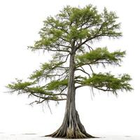 Beautiful bald cypress tree standing in water, with unique aerial roots and delicate green leaves, isolated on a clean white background photo