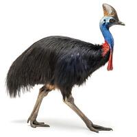 cassowary bird with a distinctive helmet like crown, walking in its natural stride, set against a white background photo