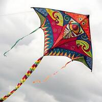 Eye catching geometric kite in bold colors with long colorful streamers, fluttering high in the sky against a simple background photo