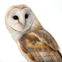 A barn owl in a stunning pose, its round facial disk and soft, patterned feathers visible in vivid detail, set against a pure white background photo