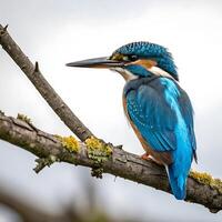 vibrant kingfisher perched on a tree branch against a neutral background showcasing its brilliant blue feathers photo