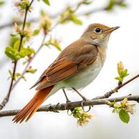 A beautiful bird perched on a branch, the elegant nightingale with soft plumage, sitting in the natural environment surrounded by tree branches photo