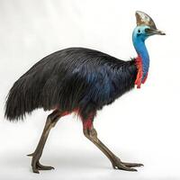 Side view of a majestic cassowary with striking blue and red features, captured in detail while walking against a clean white backdrop photo