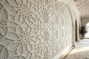 Ornate arabesque design with intricate geometric and floral patterns on white textured background, a serene and peaceful visual for Ramadan Islamic Background. photo