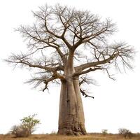 Ancient baobab tree with a massive girth and textured bark, isolated on white, symbolizing longevity, strength, and adaptation in arid climates photo