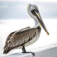 Gorgeous pelican with its sleek feathers and elongated bill standing tall on a surface, set against a white background photo