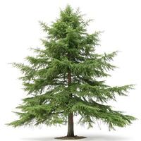 Towering eastern hemlock tree with vibrant green needles, isolated on a pure white backdrop, emphasizing the trees natural symmetry photo