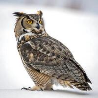 A great horned owl with its distinctive feathers and powerful gaze, standing in a snow covered landscape, highlighting its bold, confident posture photo