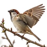 A sparrow in mid flight, wings spread wide, perched on snow covered ground with intricate feather details visible in the soft winter light photo