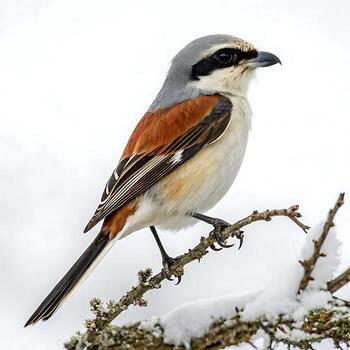 Sharp focused shrike bird with distinctive black markings and a grayish back, perched on a branch in a tranquil, minimalistic setting photo