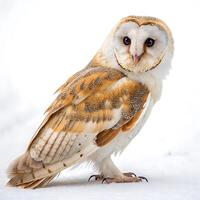Elegant barn owl captured in full profile, displaying its soft feather patterns and expressive eyes against a clean white backdrop photo