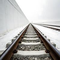 Perspective view of railway tracks leading into the distance, with a clean white background and snow covering the ground beside the tracks photo