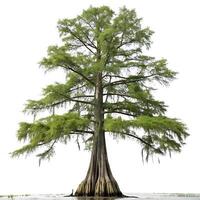 Scenic bald cypress tree with a straight trunk, widespread branches, and hanging moss, isolated on white, highlighting its wetland habitat photo