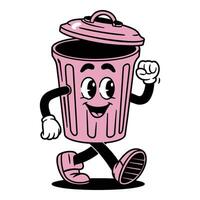 character cartoon trash can with a pink lid and a smiling face vector