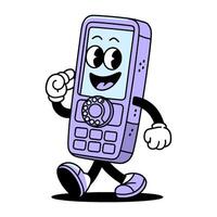 Retro character in flat design style showcasing a cheerful purple mobile phone walking character vector