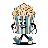 Retro cartoon character walking with a giant bucket of popcorn in a playful style vector