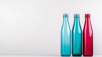 Three colored plastic bottles stand against a neutral backdrop photo