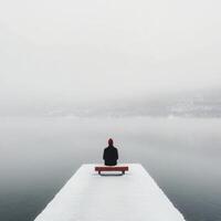 Personalized vacation on a snow-covered dock by a tranquil lake in winter photo