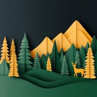 Paper landscape depicting mountains, pine trees and deer photo