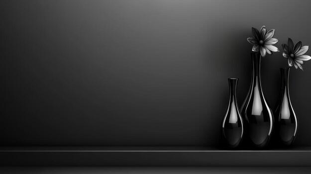 Elegant black vases with flowers on a dark background photo