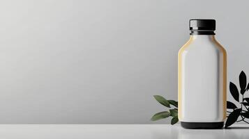 Minimalist bottle on a white surface with green leaves photo