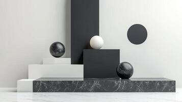 Modern geometric design with spheres and blocks in minimal setting photo