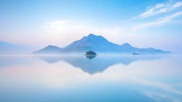 Calm lake reflects mountains under soft morning light photo