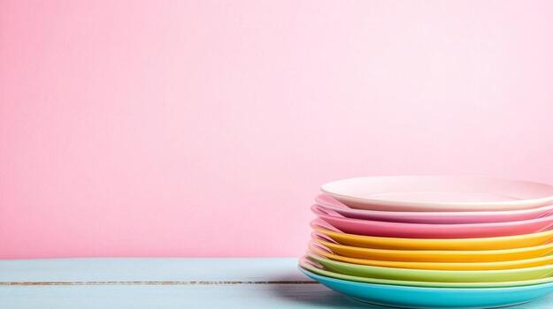 Stacked colorful plates against a pastel background photo