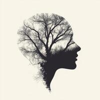 Silhouette of a woman's head filled with tree branches photo