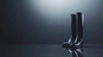 Stylish black rain boots on reflective surface with dark background photo