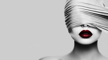 Woman with covered eyes and bold red lips in artistic portrait photo