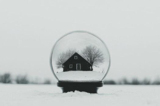 Snow globe capturing a quaint house in a winter landscape photo