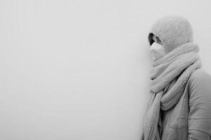 Individual in cozy scarf and mask against a plain background photo