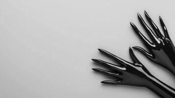 Glossy black hands creating artistic expression on a plain surface photo