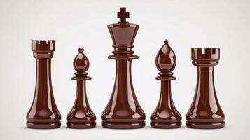 Elegant brown chess pieces arranged in a row on a light background photo