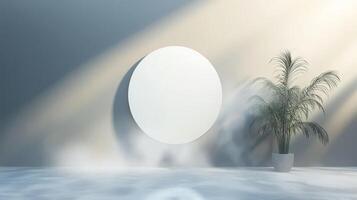 Minimalist interior with round art piece and greenery in soft light photo